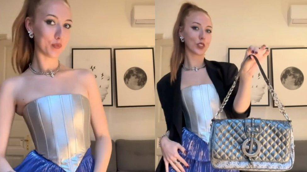 Hannah Miller shows off her style in a metallic silver corset and matching bag, blue glitter skirt and black blazer