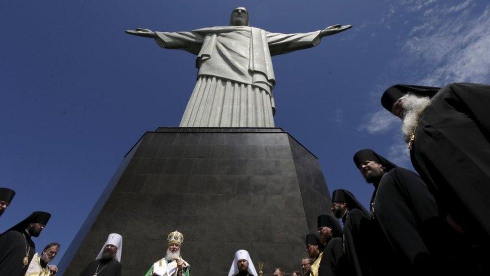 Russian Orthodox Patriarch Kirill (C) visits Christ the Redeemer in Rio de Janeiro