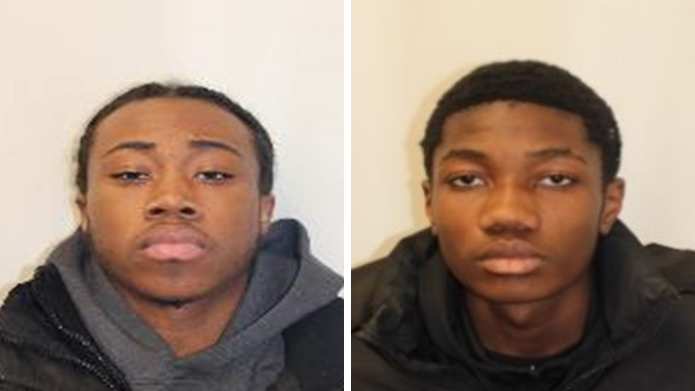 Met Police mugshots of Shilioh Hinds and Camron Osei. Both are wearing dark clothing and are looking directly towards the camera lens. Both ahve short dark hair.