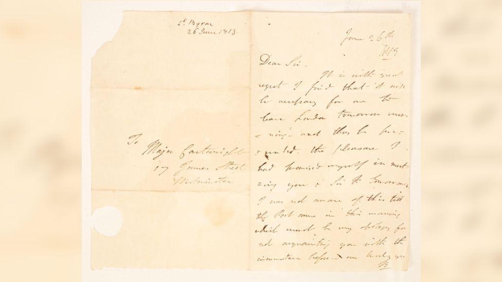 A photo of a letter written to Major John Cartwright from Lord Byron