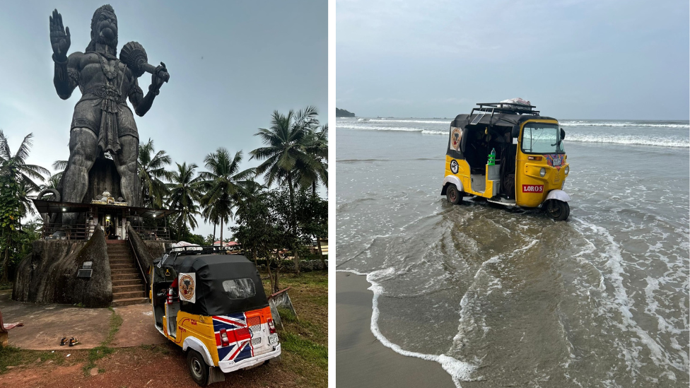 A picture of the yellow rickshaw at the 80-foot-tall Prasanna Anjaneya statue of Lord Hanuman located in Hangalur, just outside of Kundapura, next to another showing the rickshaw on a beach
