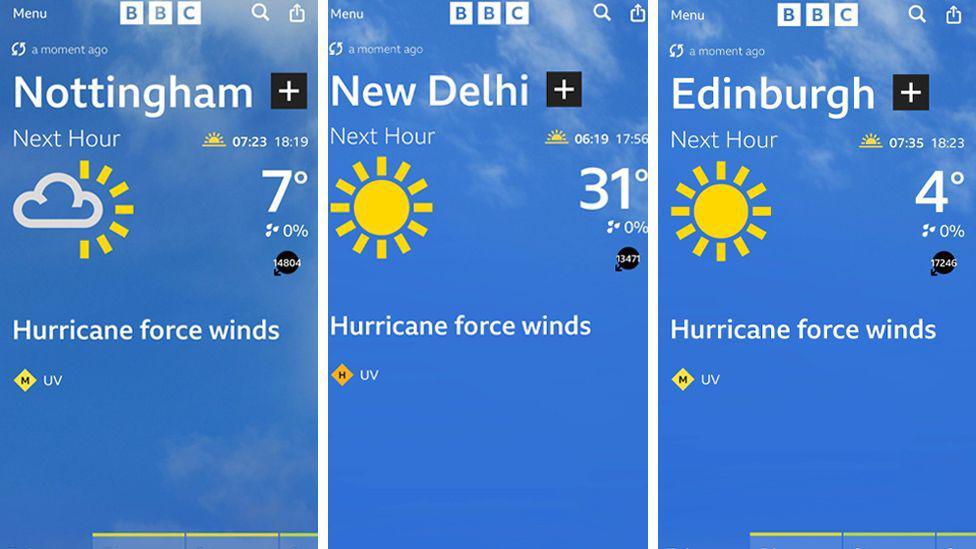 Weather app shows forecasts of hurricane winds for Nottingham, New Delhi