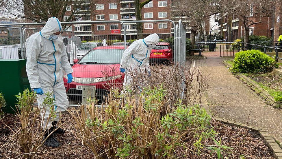 Two forensic officers in white overalls examining the ground at Carlton Way, Cambridge