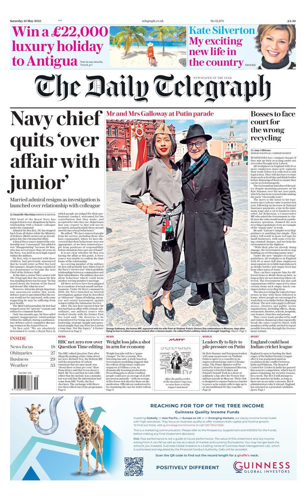 Daily Telegraph front page on Saturday 10 May 2025
