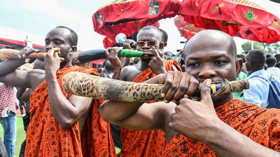 Representatives of Ghana's Ashanti King arrive at the funeral of late Ivorian president Henri Konan Bedie in the village of Pepressou near Daoukro on June 1, 2024.