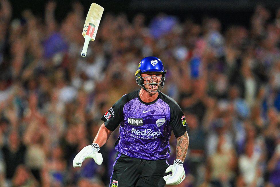 Ben McDermott of the Hobart Hurricanes celebrates victory in the BBL final against Sydney Thunder at Ninja Stadium in Hobart, Australia