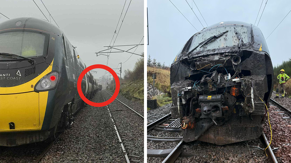 A split image - on the left is a picture of the train with a red circle highlighting its front. On the right is the mangled and muddied front of the train with wries hanging off it
