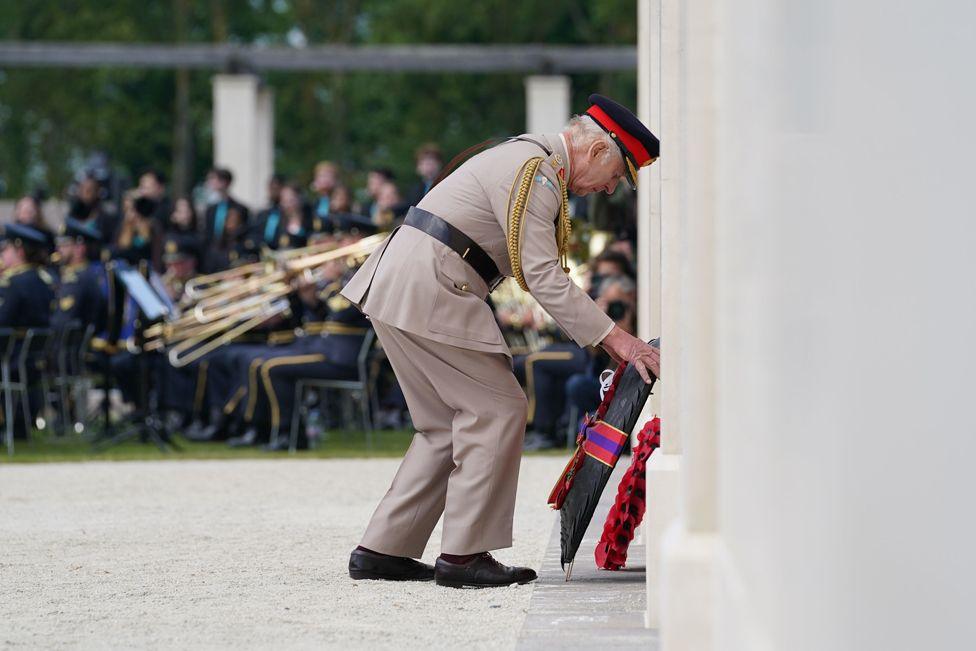 King Charles III lays a wreath during the UK national commemorative event for the 80th anniversary of D-Day, held at the British Normandy Memorial in Ver-sur-Mer, Normandy, France.