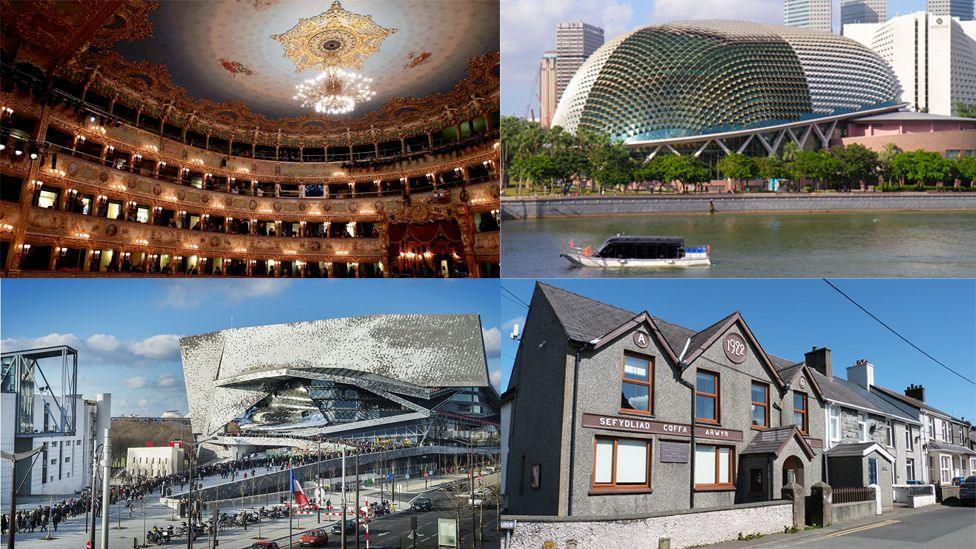 Rhai o'r lleolidau mae Veronika wedi perfformio ynddyn nhw dros y blynyddoedd (clocwedd o'r chwith uchaf): Teatro La Fenice, Esplanade Singapore, Sefydliad Coffa Llanrug a'r Paris Philharmonic