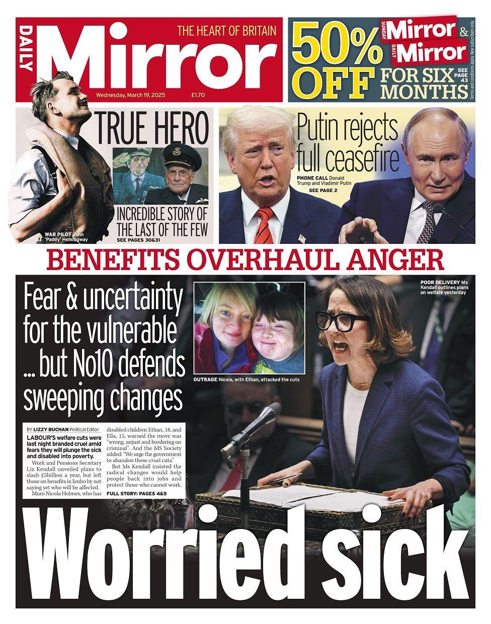 Front page of the Daily Mirror for Wednesday 19 March 2025. 