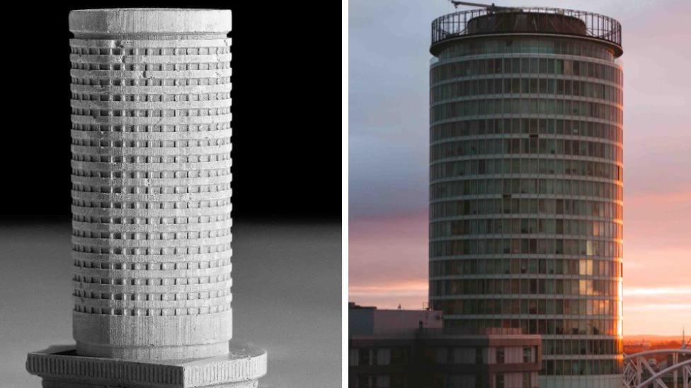 There are two images - on the left hand side is a concrete model of the Rotunda building which is filled with square windows. On the right hand side is the real life Rotunda building with a sunset in the background.