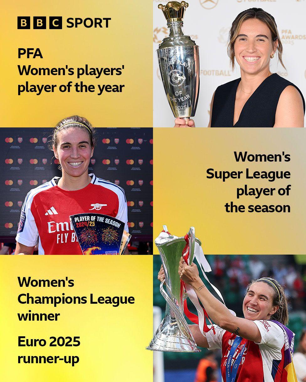 A graphic with three pictures of Mariona Caldentey and her achievements last season: PFA Women's players' player of the year, Women's Super League player of the season, Women's Champions League winner, Euro 2025 runner-up