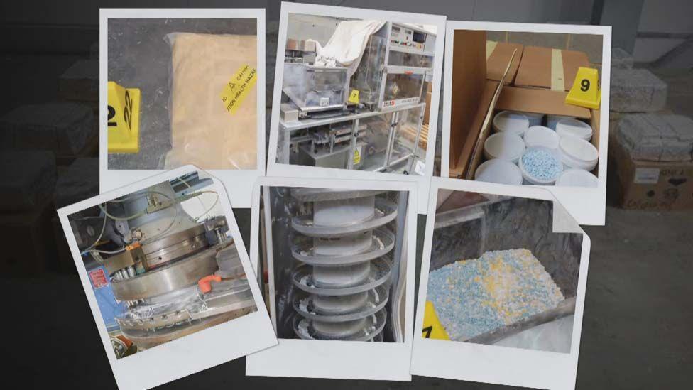 Six images in a Polaroid style showing different elements of the Etizolam factory. These include tubs of tablets in cardboardf boxes; powder in clear packets; and machinery