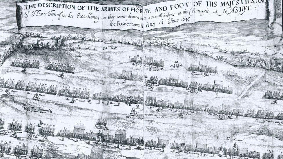 A close-up of a line-drawing 1647 map of the Battle of Naseby. At the top is writing titled "the description of the armies of horse and food of his majesties". Rows of men and horses are drawn beneath the title.