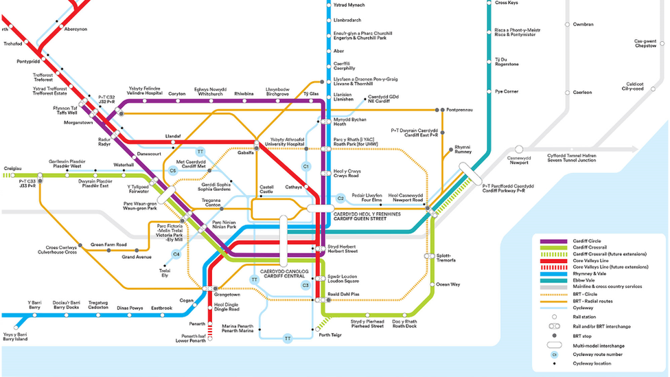 An outline map of Cardiff's Crossrail project