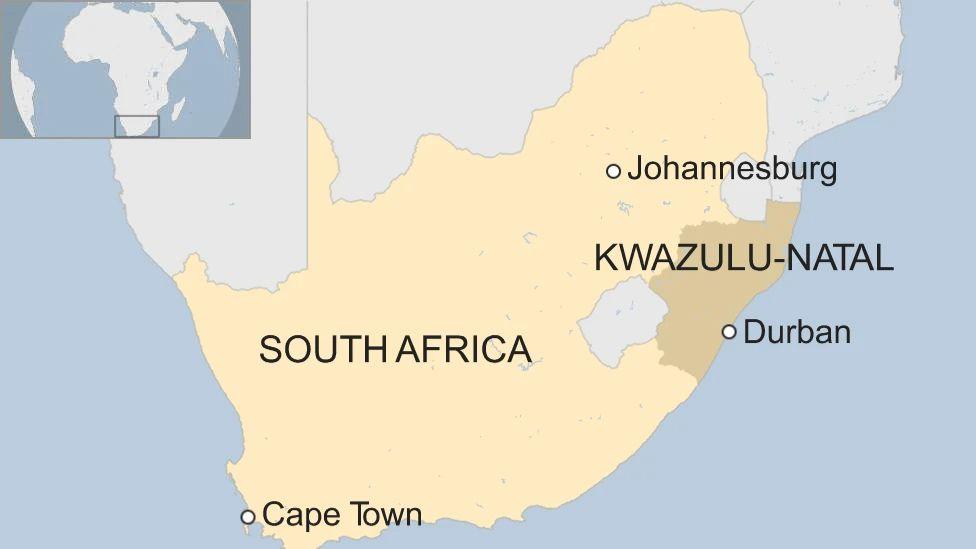 A map of South Africa with the country highlighted. The cities of Durban, Johannesburg and Cape Town are included, as well as the KwaZulu-Natal province.