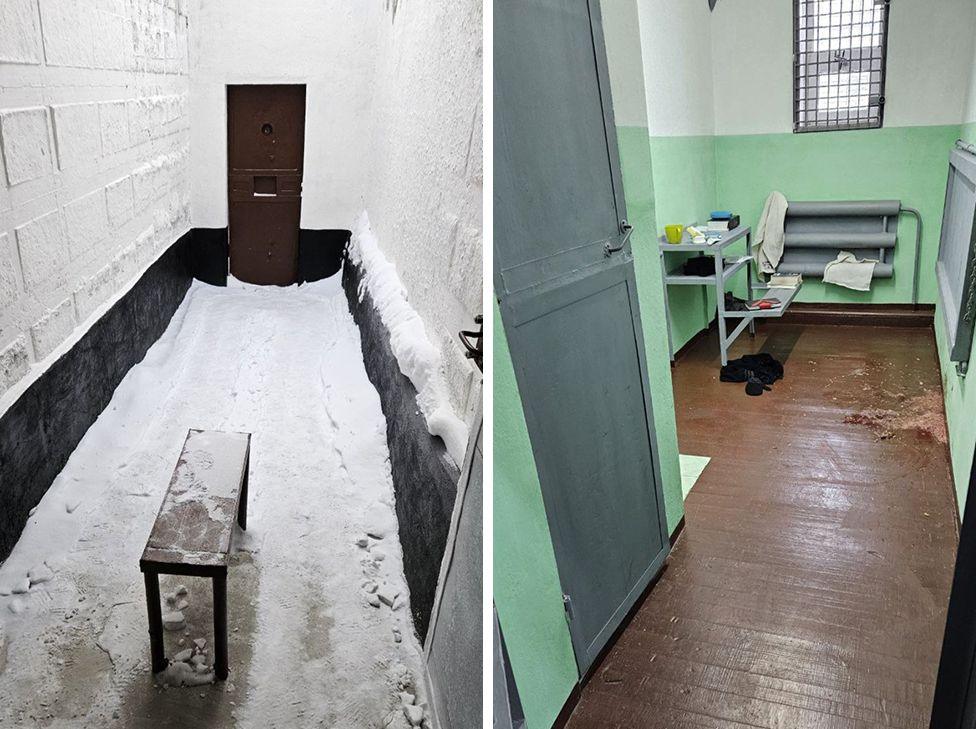 A composite image of a narrow, snow-covered yard and a prison cell with a small desk, a small window covered by bars and vomit on the floor
