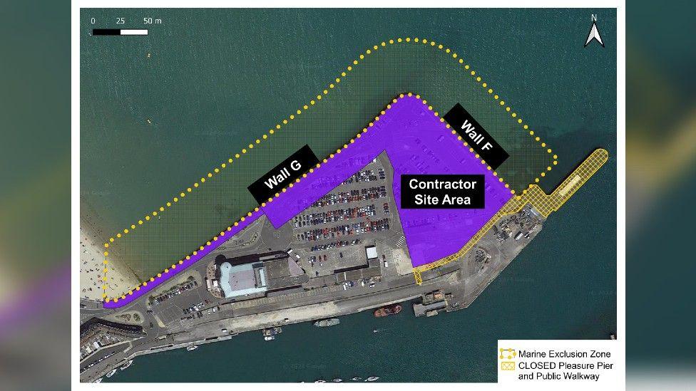 An aerial photo of the stretch of land jutting out from the mainland, with part of the car park shaded purple and the pier shaded yellow to indicate they will be closed, and part of the surrounding sea enclosed in a yellow dotted line to indicate the marine exclusion zone.