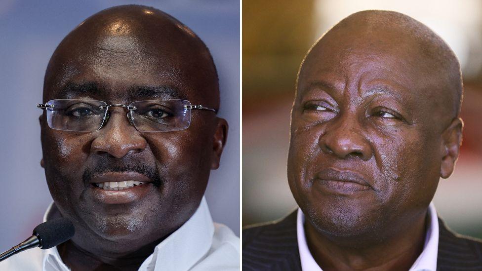 A composite image of headshots of the two main candidates in Ghana's presidential election. Mahamudu Bawumia is on the left side and John Mahama is on the right.