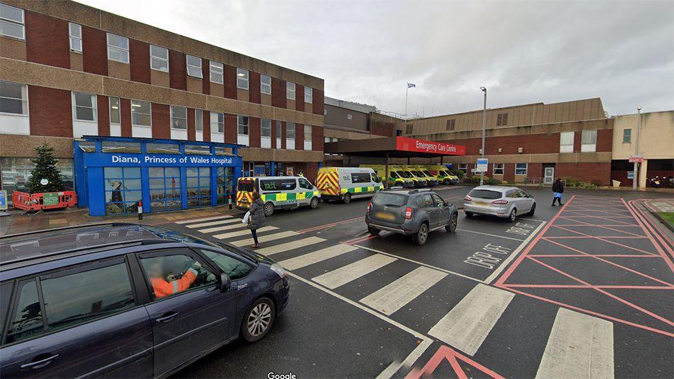 Ambulance outside the emergency departmentt at Grimsby's Diana Princess of Wales Hospital