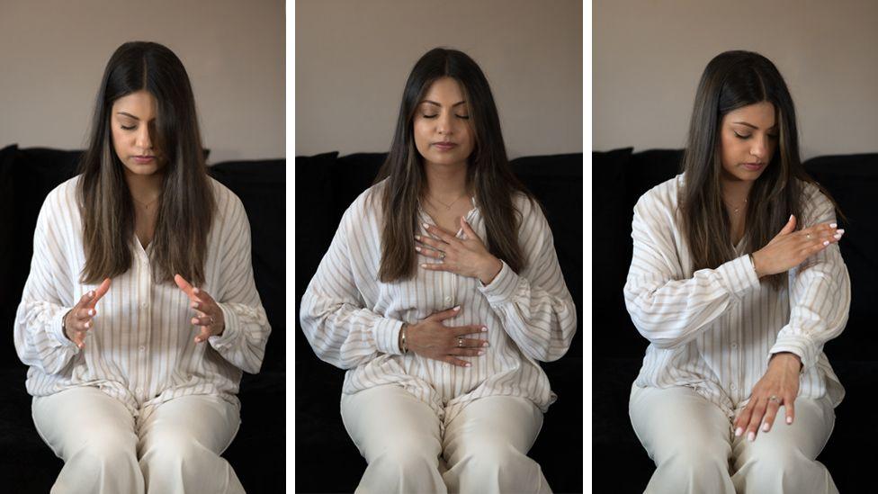 Composite image of Jasleen carrying out stress reducing exercises