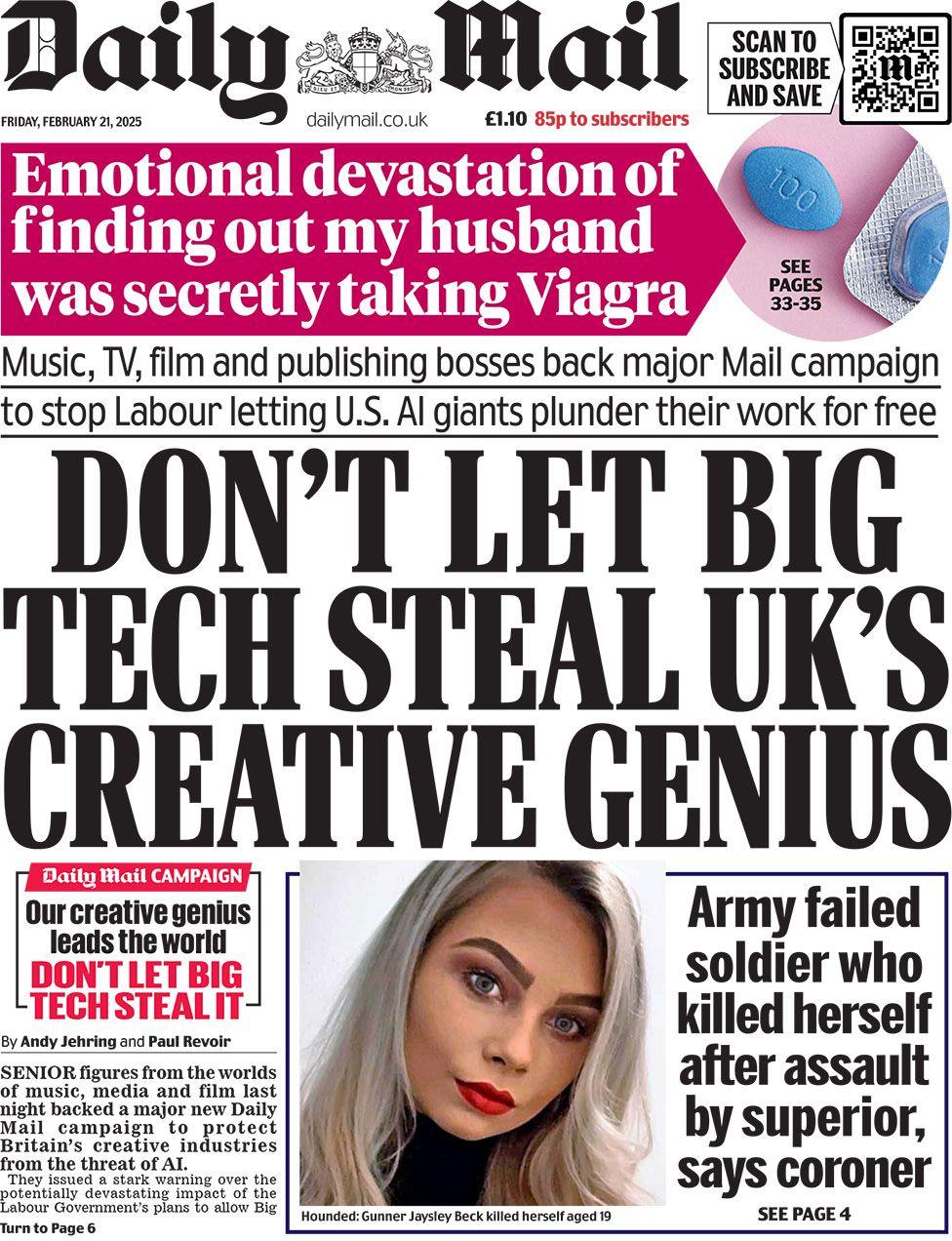 Daily Mail headline reads: Don't let big tech steal UK's creative genius