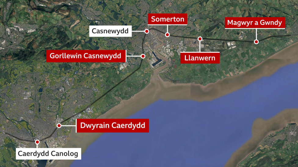 map o'r pum gorsaf newydd rhwng Caerdydd ac Afon Hafren