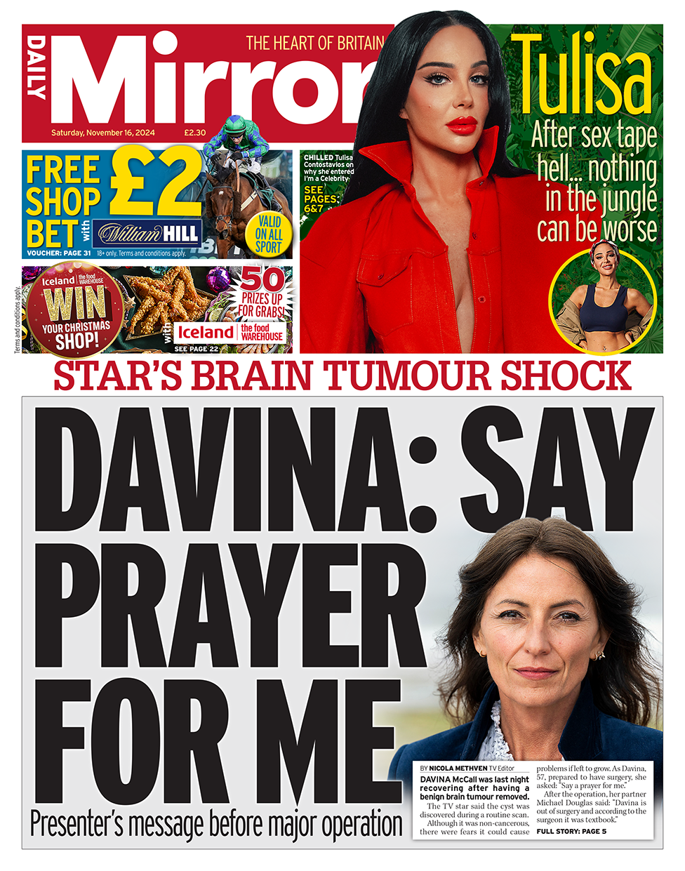 Mirror headline says "Davina: Say prayer for me"