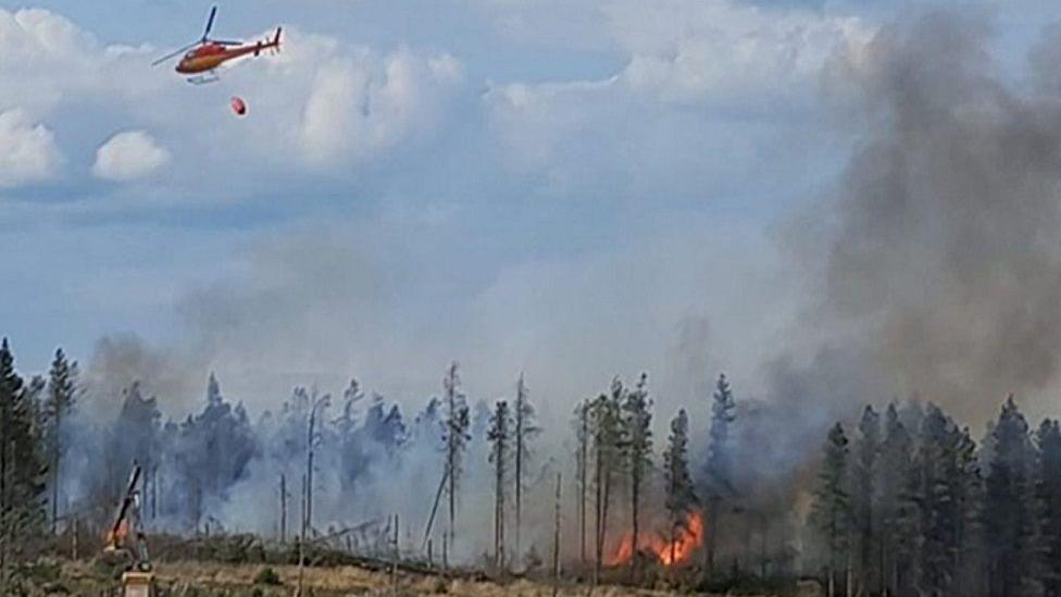 Flames are seen among the trees with thick dark smoke billowing as a helicopter flies over.