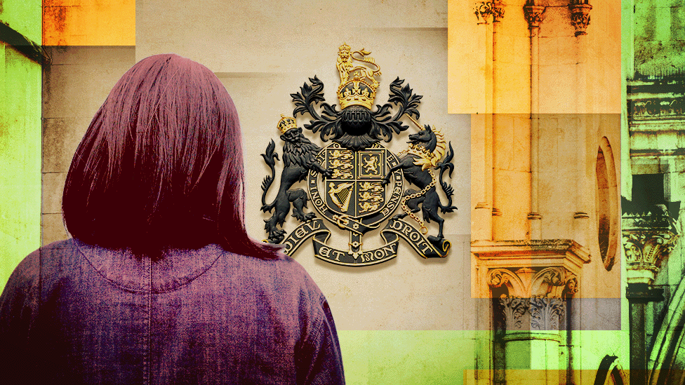 Composite image of woman from behind, a court coat of arms - with orange and green stylised colouring