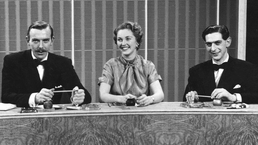 Frank Muir and Denis Norden alongside Katie Boyle