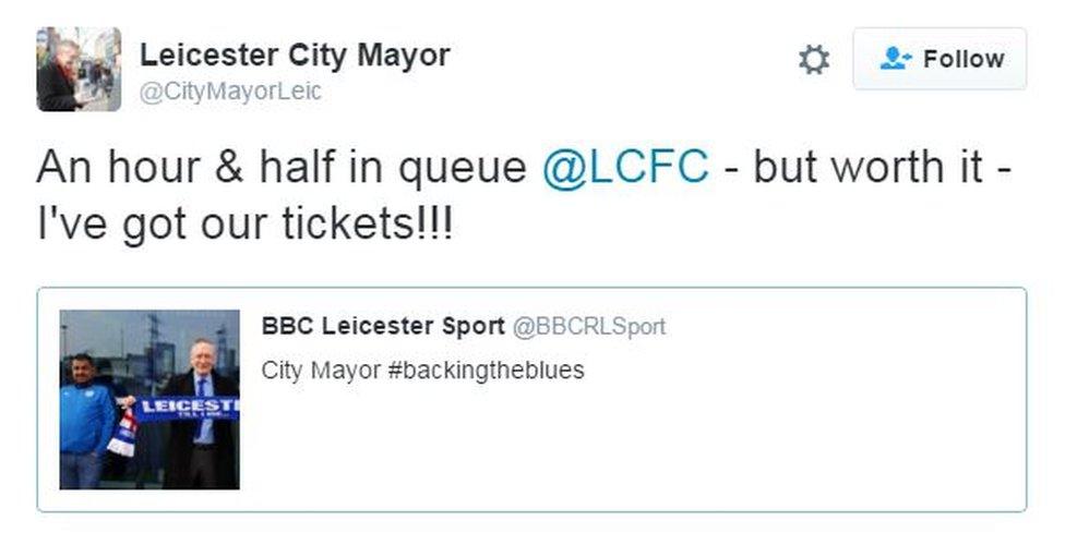 Sir Peter Soulsby tweet about getting a Leicester ticket