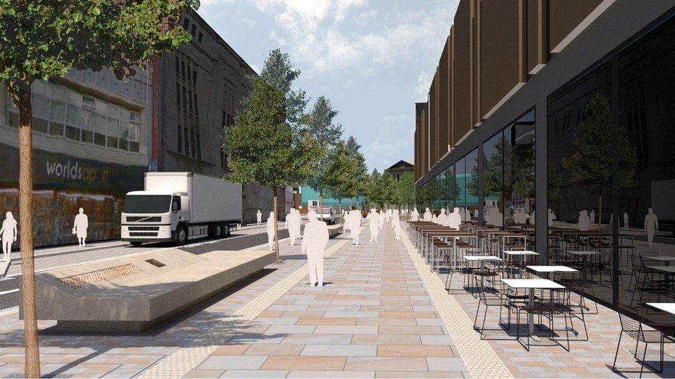 Images showing a boulevard style design for Lime Street between the train station and Adelphi Hotel