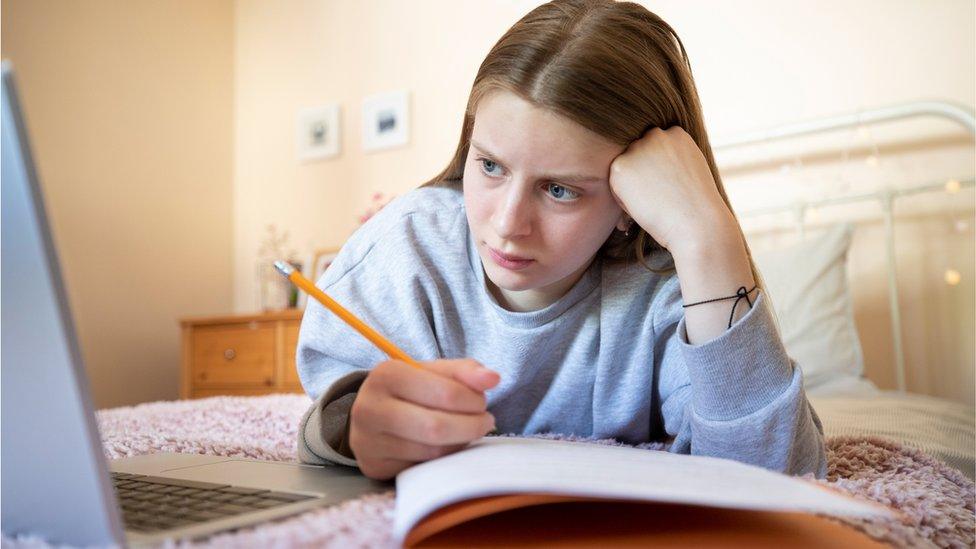 Teenage girl studying at home