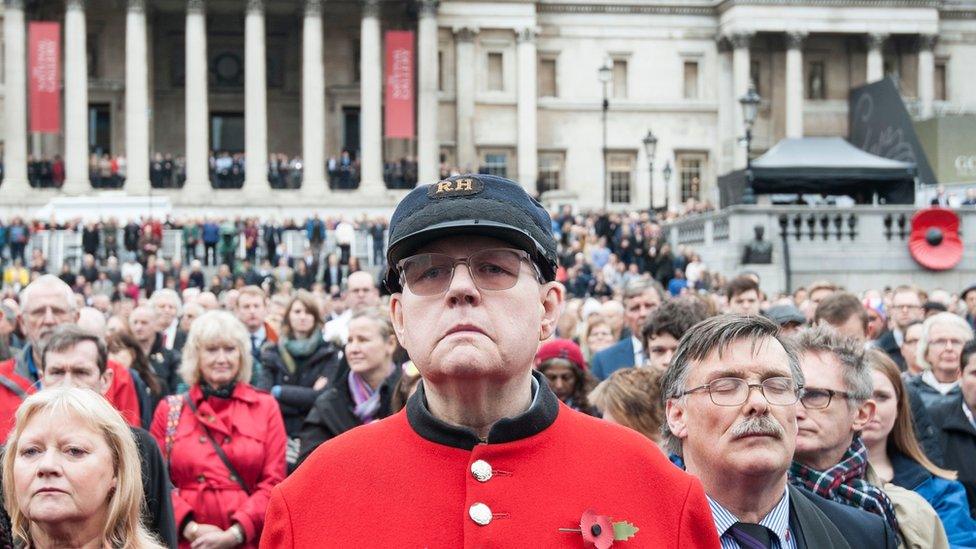 Two minutes silence is observed by John Hellewell at the Silence in the Square event in Trafalgar Square