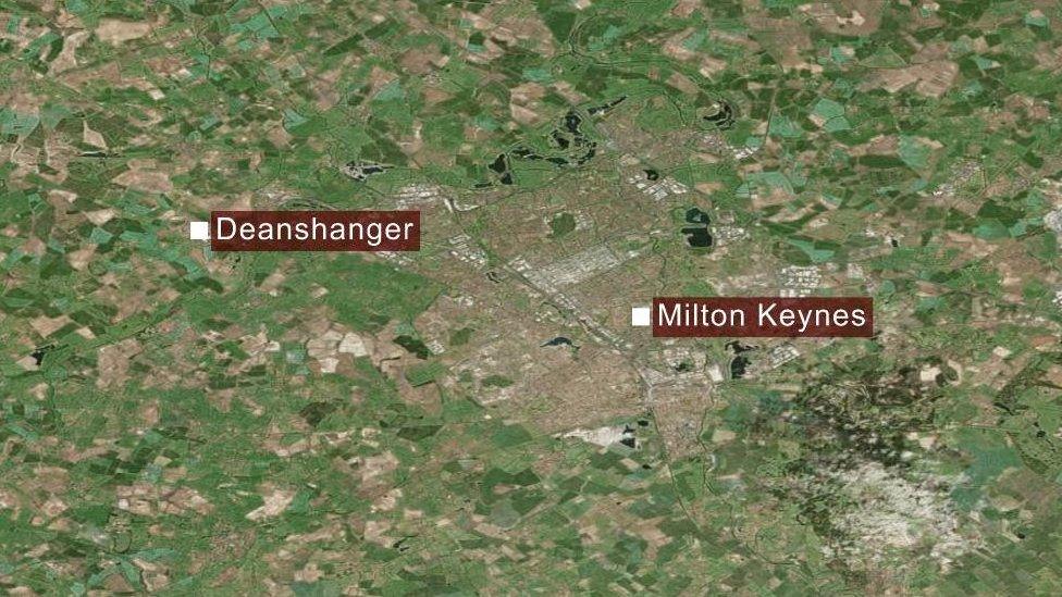 A map showing Deanshanger and Milton Keynes