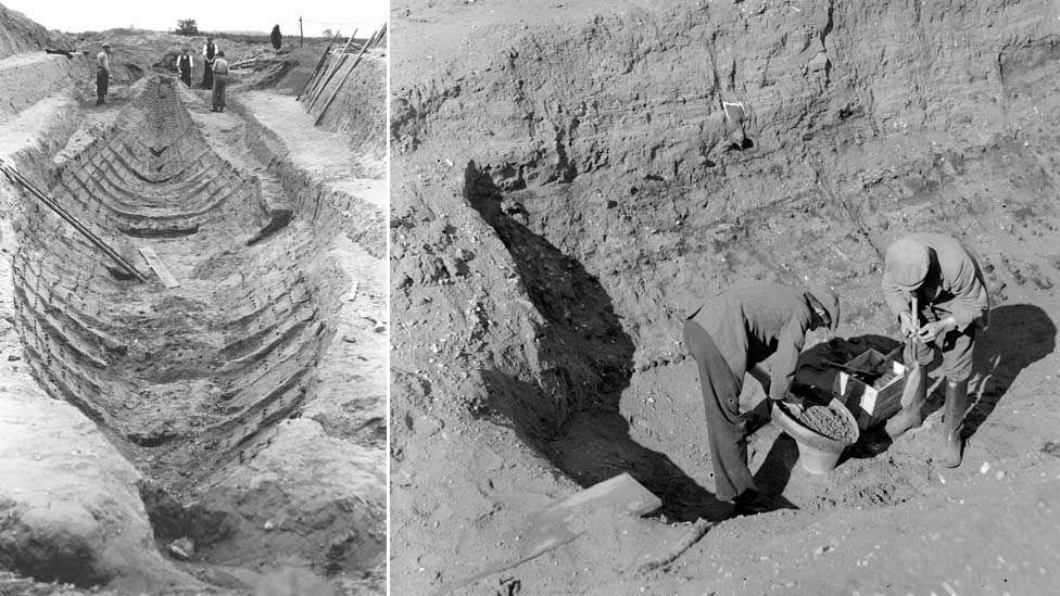 A composite of two photos. The one on the left shows the impression left in the earth of the burial ship's hull. Members of the dig team stand at one end of the ship. The one on the right show two team members in large hole in the ground, where little outline of the ship is visible.