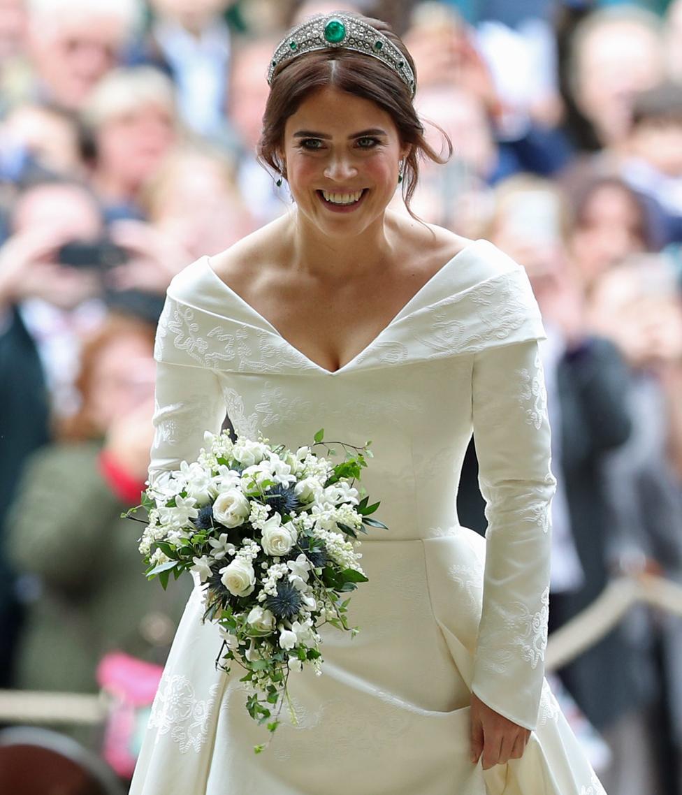 Princess Eugenie arrives for her wedding to Jack Brooksbank at St George"s Chapel in Windsor Castle.