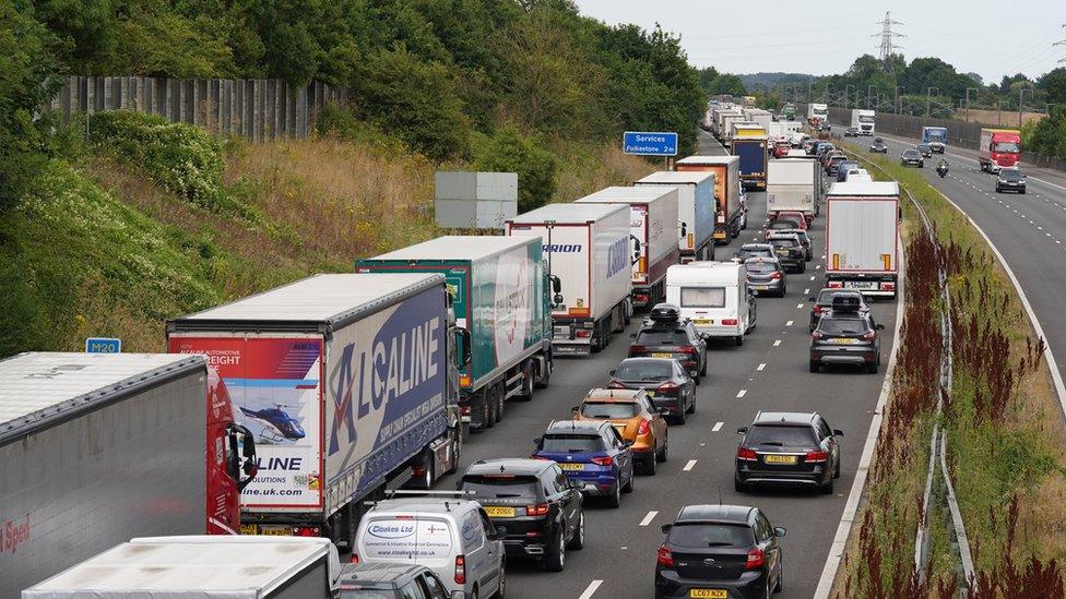 Lorries and cars queuing on the M20 near Folkestone