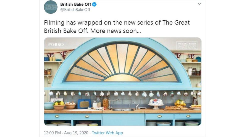 Tweet-showing-inside-bake-off-tent-with-text-Filming-has-wrapped-on-the-new-series-of-The-Great-British-Bake-Off.-More-news-soon.