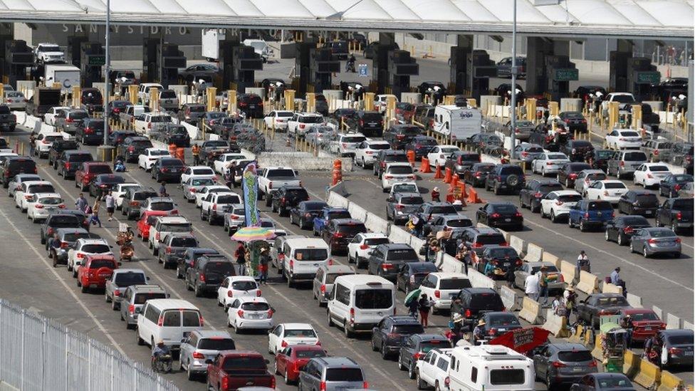 Cars queuing up at at the Mexico and Us border on March 29