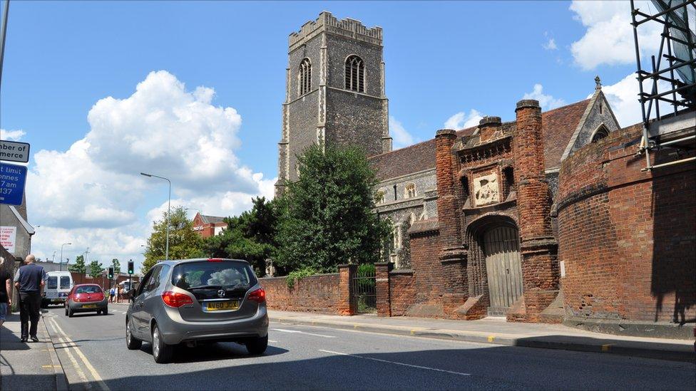 Wolsey's Gate and St Peter's church, Ipswich