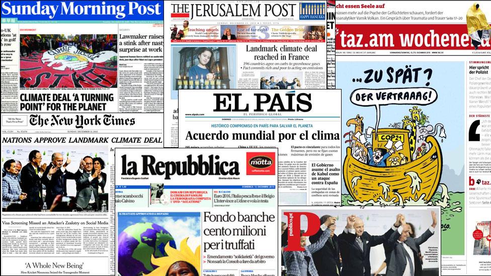 Newspaper front pages reporting about the climate deal