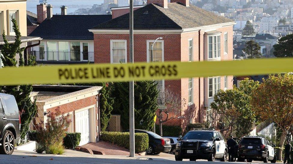 The Pelosi home with crime scene tape