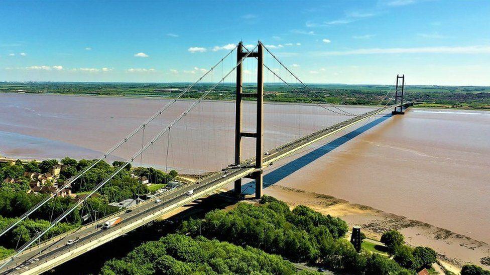 Aerial view of the Humber Bridge looking from East Yorkshire into Lincolnshire