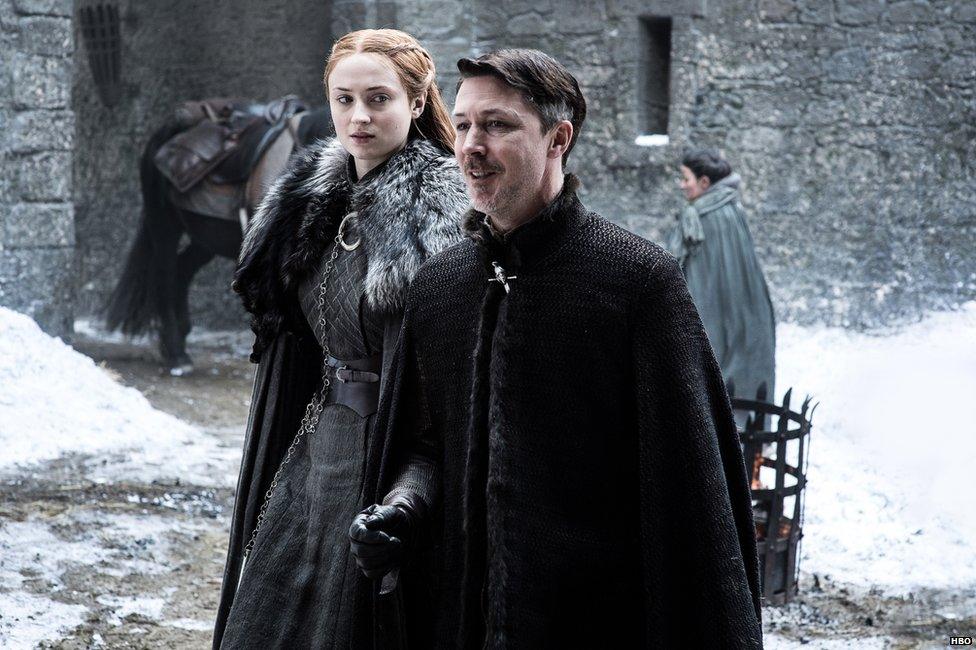 Aidan Gillen as Littlefinger and Sophie Turner as Sansa Stark