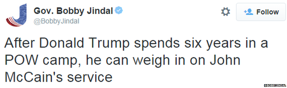 A tweet from Republican presidential candidate Bobby Jindal