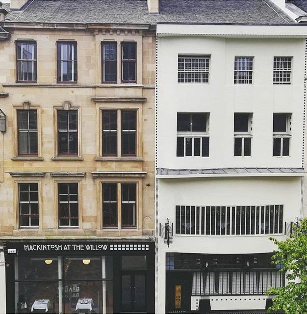 The building on the right has been restored to how Mackintosh remodelled it in 1903