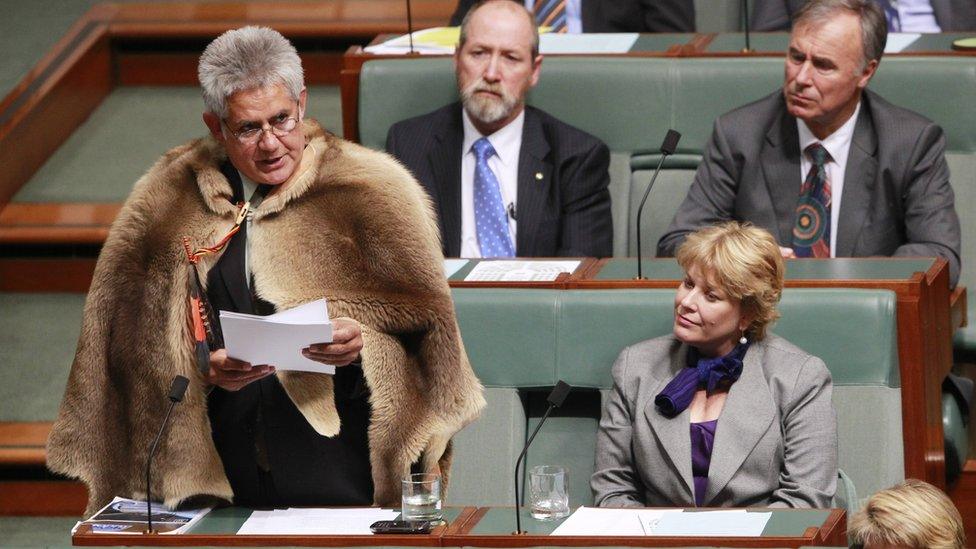 Ken Wyatt, wearing a traditional kangaroo skin coat, delivers his maiden speech in parliament