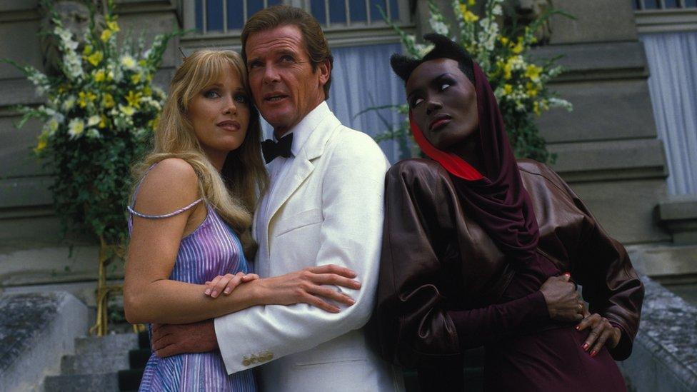 Tanya Roberts with Sir Roger Moore and Grace Jones